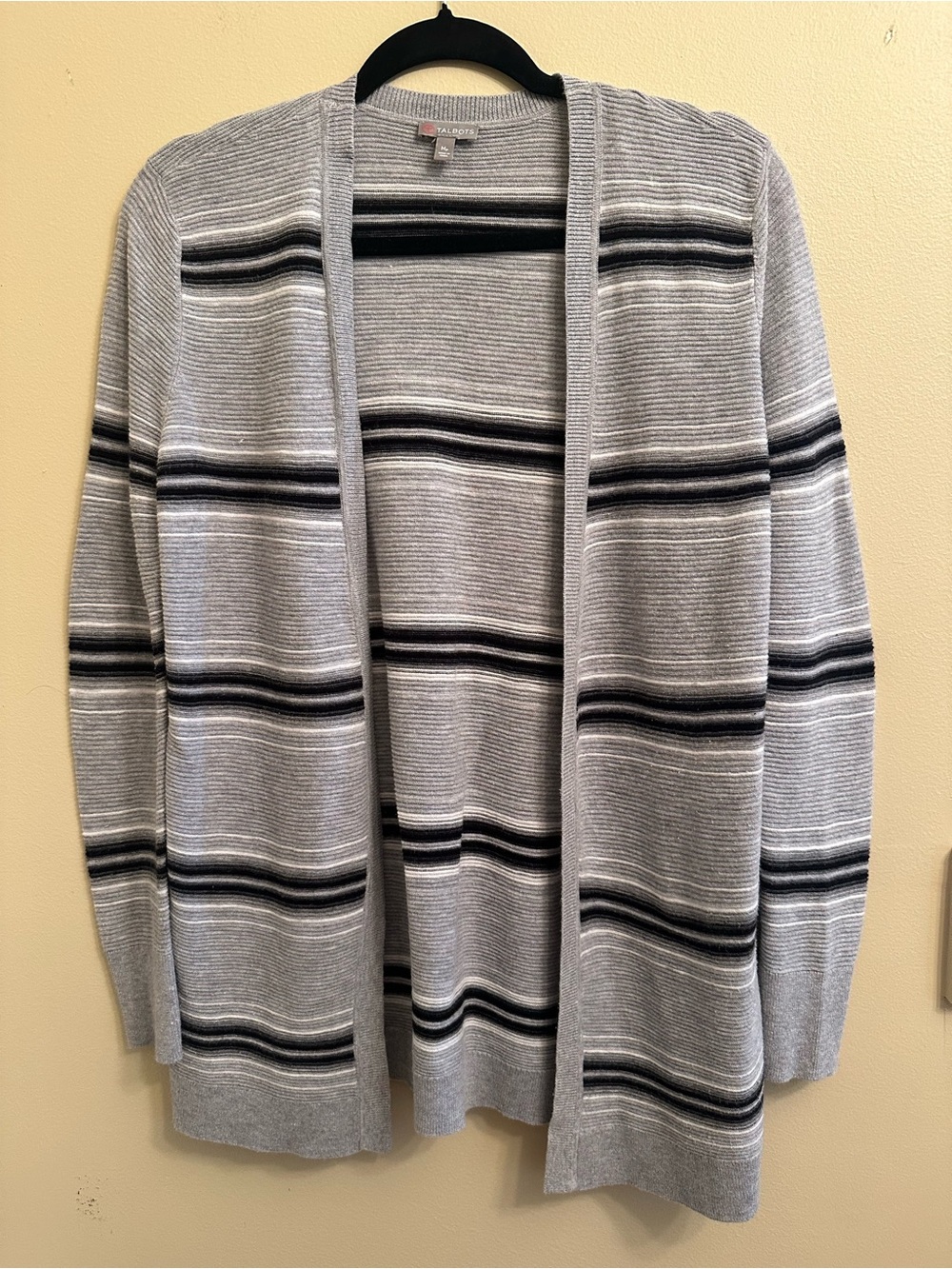 Talbots Women’s Light Gray and Black Striped Open-Front Cardigan Size Mp
